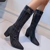 Bcshiye Women's Denim Thigh High Pointy Toe Chunky Heel Boots Side Zipper Knee High Denim Boots Cowboy Boots for Women view 3
