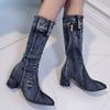 Bcshiye Women's Denim Thigh High Pointy Toe Chunky Heel Boots Side Zipper Knee High Denim Boots Cowboy Boots for Women view 4