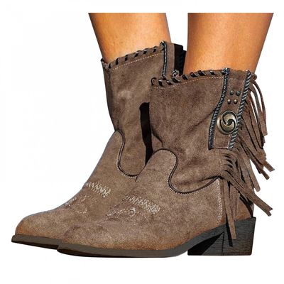 Bcshiye Women's Casual Ankle Boots Flat Winter Chunky Heel Fringed Western Boots Pointed Toe Anckle Boots Riding Boots