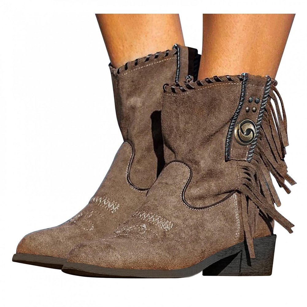 Bcshiye Women's Casual Ankle Boots Flat Winter Chunky Heel Fringed Western Boots Pointed Toe Anckle Boots Riding Boots