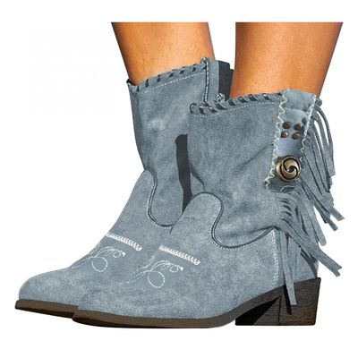 Bcshiye Women's Casual Ankle Boots Flat Winter Chunky Heel Fringed Western Boots Pointed Toe Anckle Boots Riding Boots