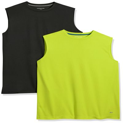 Amazon Essentials Men's Active Performance Tech Muscle Sleeveless Tank Top Workout Shirt, Pack of 2, Black/Lime Green, Large