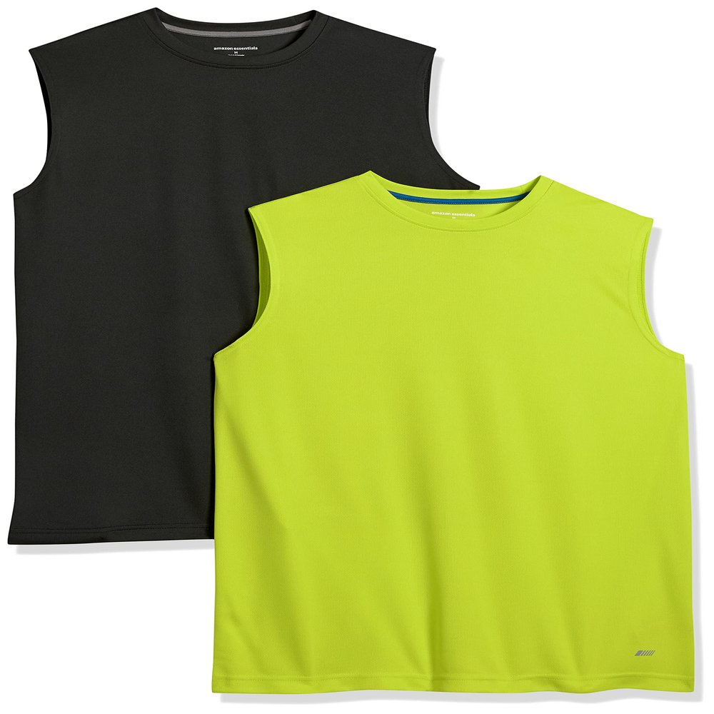 Amazon Essentials Men's Active Performance Tech Muscle Sleeveless Tank Top Workout Shirt, Pack of 2, Black/Lime Green, Large