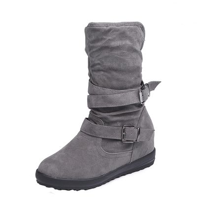 oiangi Womens Winter Boots Fashion Double Buckle Strap Round Toe Platform Slip on Mid Calf Boots Comfortable Suede Outdoor Flat Non-slip Casual Shoes