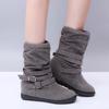 oiangi Womens Winter Boots Fashion Double Buckle Strap Round Toe Platform Slip on Mid Calf Boots Comfortable Suede Outdoor Flat Non-slip Casual Shoes view 2