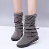 oiangi Womens Winter Boots Fashion Double Buckle Strap Round Toe Platform Slip on Mid Calf Boots Comfortable Suede Outdoor Flat Non-slip Casual Shoes view 3