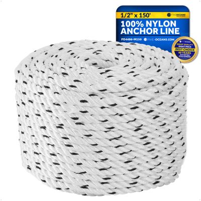 Five Oceans Boat Anchor Rope 1/2 inch x 150 ft - Marine Premium 3-Strand White Nylon - Ideal for Mooring Anchoring Windlasses Towing - FO4486-M150
