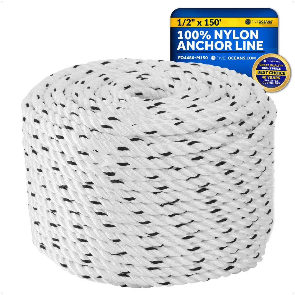 Five Oceans Boat Anchor Rope 1/2 inch x 150 ft - Marine Premium 3-Strand White Nylon - Ideal for Mooring Anchoring Windlasses Towing - FO4486-M150