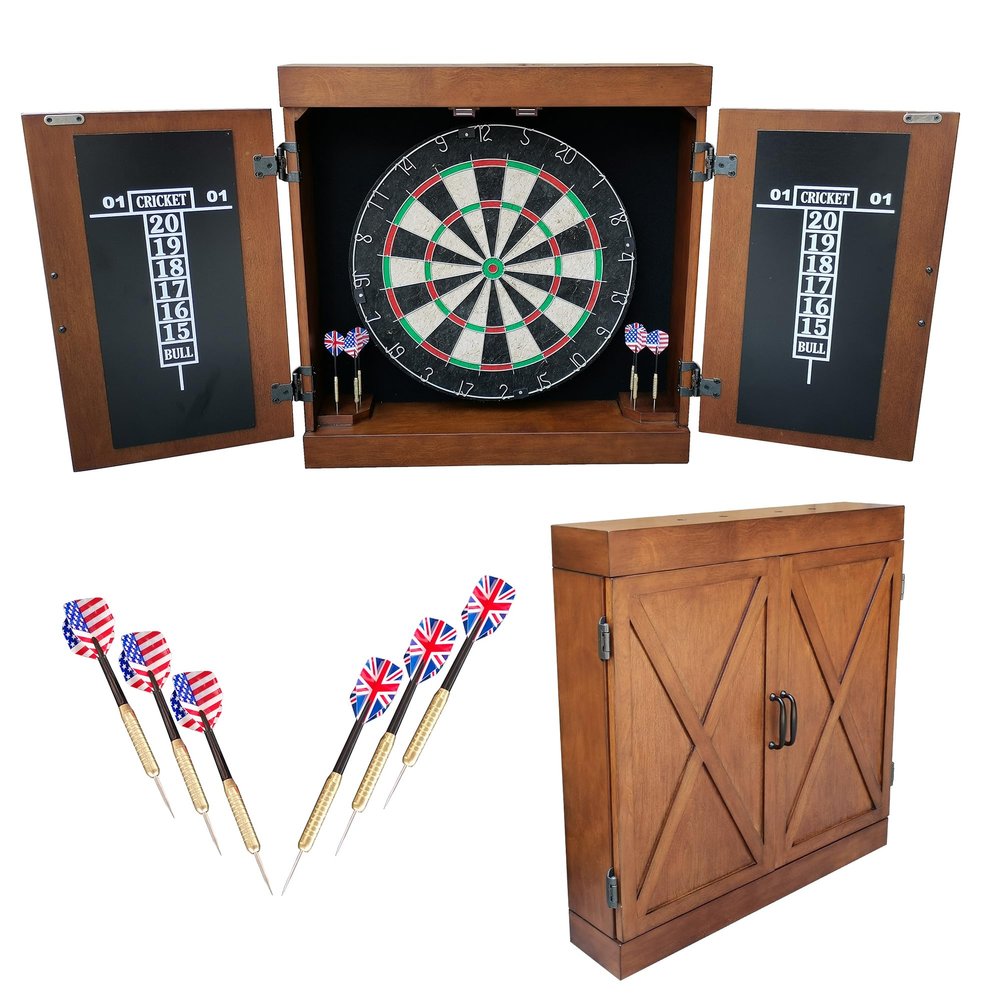 Hathaway Farmington 18-in Bristle Dart Board and Cabinet Set  Includes Self Healing Sisal Board, Rotatable Number Ring, Chalk Scoreboards & Steel-Tip Darts - Complete Dart Accessories - Walnut