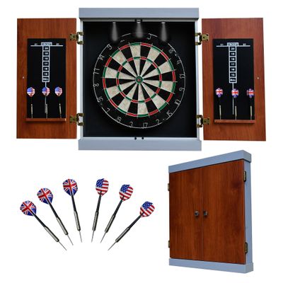Hathaway Geneva Dartboard and Cabinet Set - Includes 18-in Dartboard, Steel-Tip Darts, Chalk Scoreboards - Perfect for Family Game Rooms, Basements, Home Bars, Wood Grain/Black/Gray