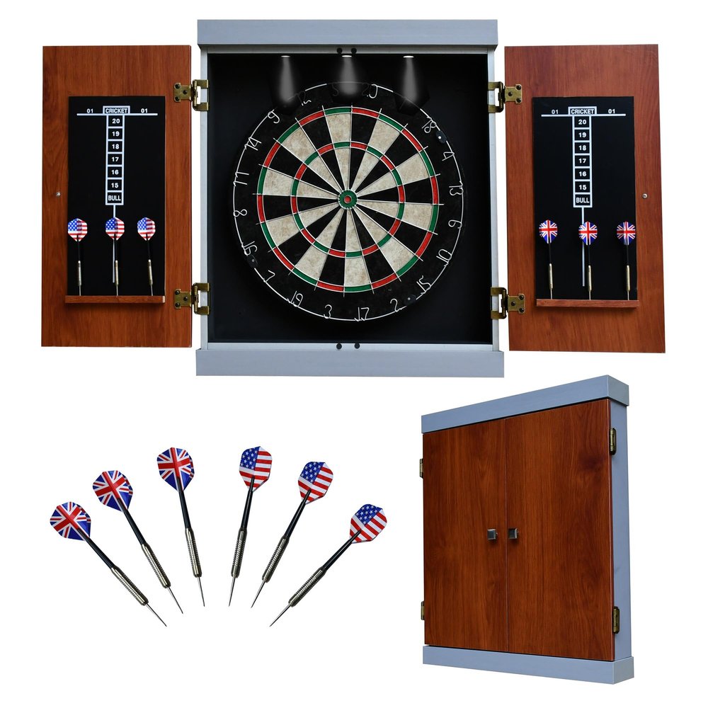 Hathaway Geneva Dartboard and Cabinet Set - Includes 18-in Dartboard, Steel-Tip Darts, Chalk Scoreboards - Perfect for Family Game Rooms, Basements, Home Bars, Wood Grain/Black/Gray