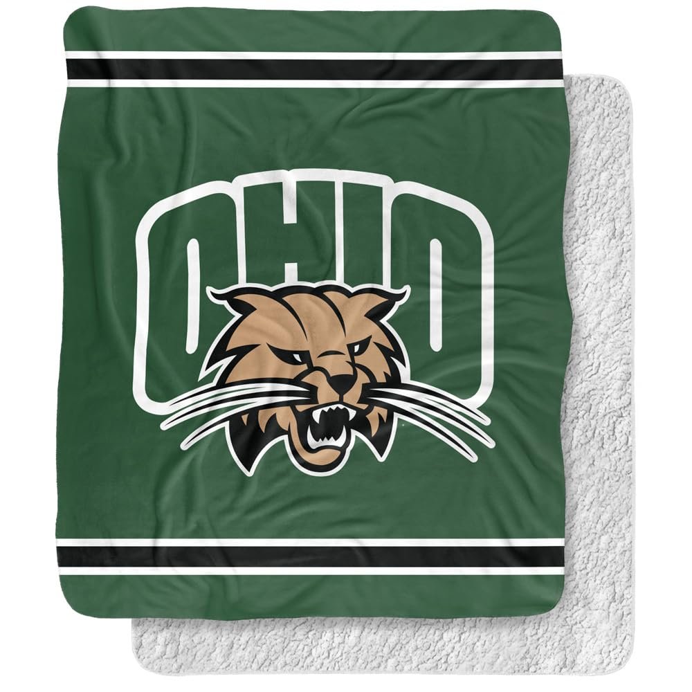 Ohio University Blanket, 50"x60" Primary Logo Stripes Silky Touch Sherpa Back Super Soft Throw Blanket
