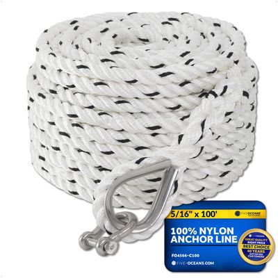 Five Oceans Anchor Line 5/16" x 100', Anchor Rope Line, Marine Premium 3-Strand White Nylon Boat Anchor Rope - Stainless Steel Thimble and Shackle, Ideal for Mooring Anchoring Towing - FO4566-C100