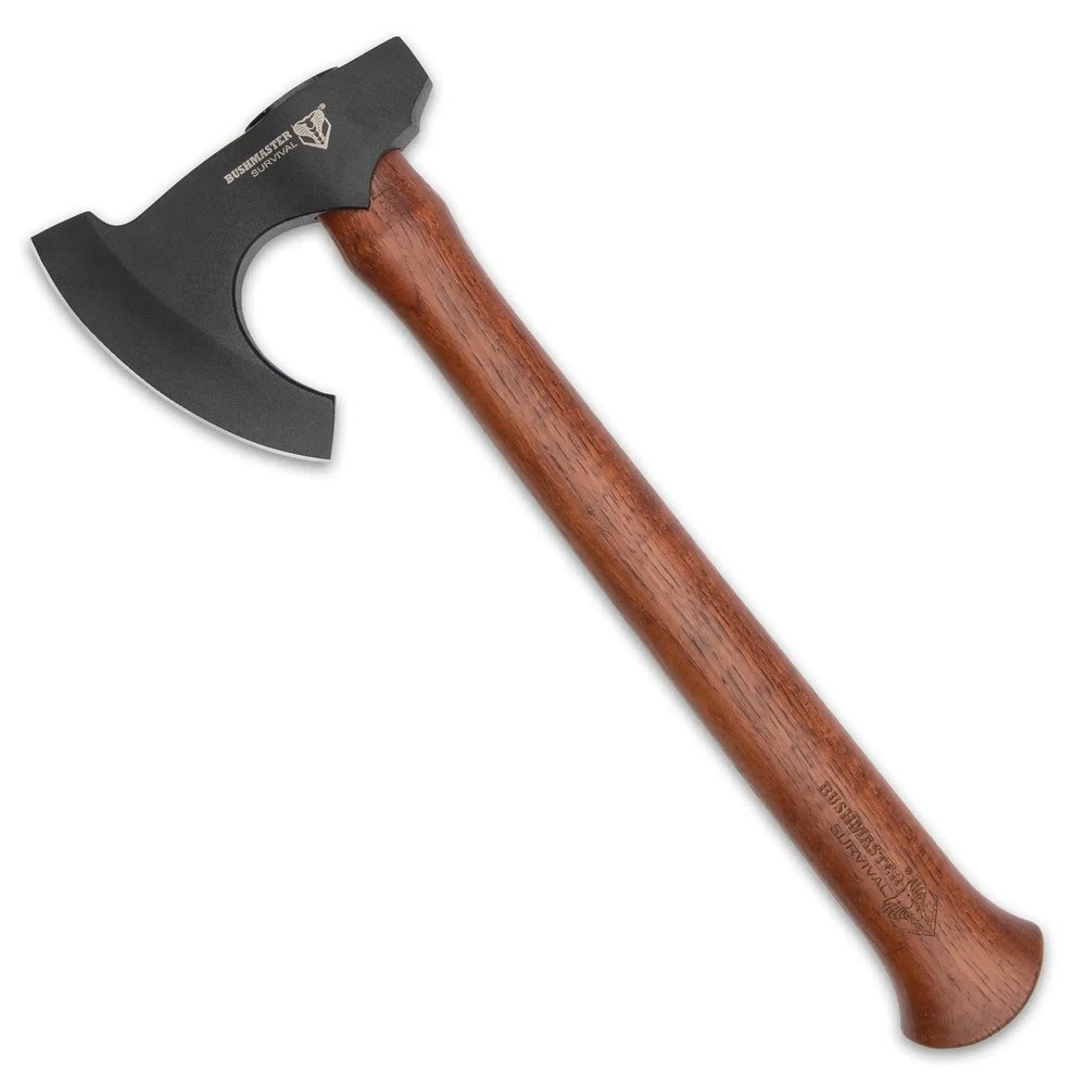 BUSHMASTER Woodsman Axe with Leather Sheath - 1055 High Carbon Steel Axe Head, Razor Sharp Blade, Dark Grey Coating, Hardwood Handle, Stained Finish, Use for Bushcrafting and Trailblazing - Length 16
