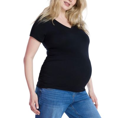 Motherhood Maternity Womens Short Sleeve Side Ruched V-Neck Pregnancy T-Shirt, Core Black, Large