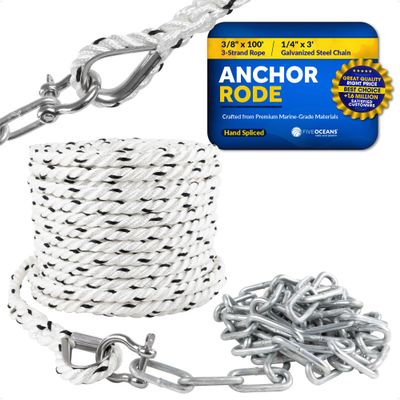 Five Oceans Anchor Rode, Hand Spliced Rope and Chain Combination, 3/8" x 100' Nylon 3-Strand Rope, 1/4" x 3' Hot Dipped Galvanized Steel Chain - FO4577