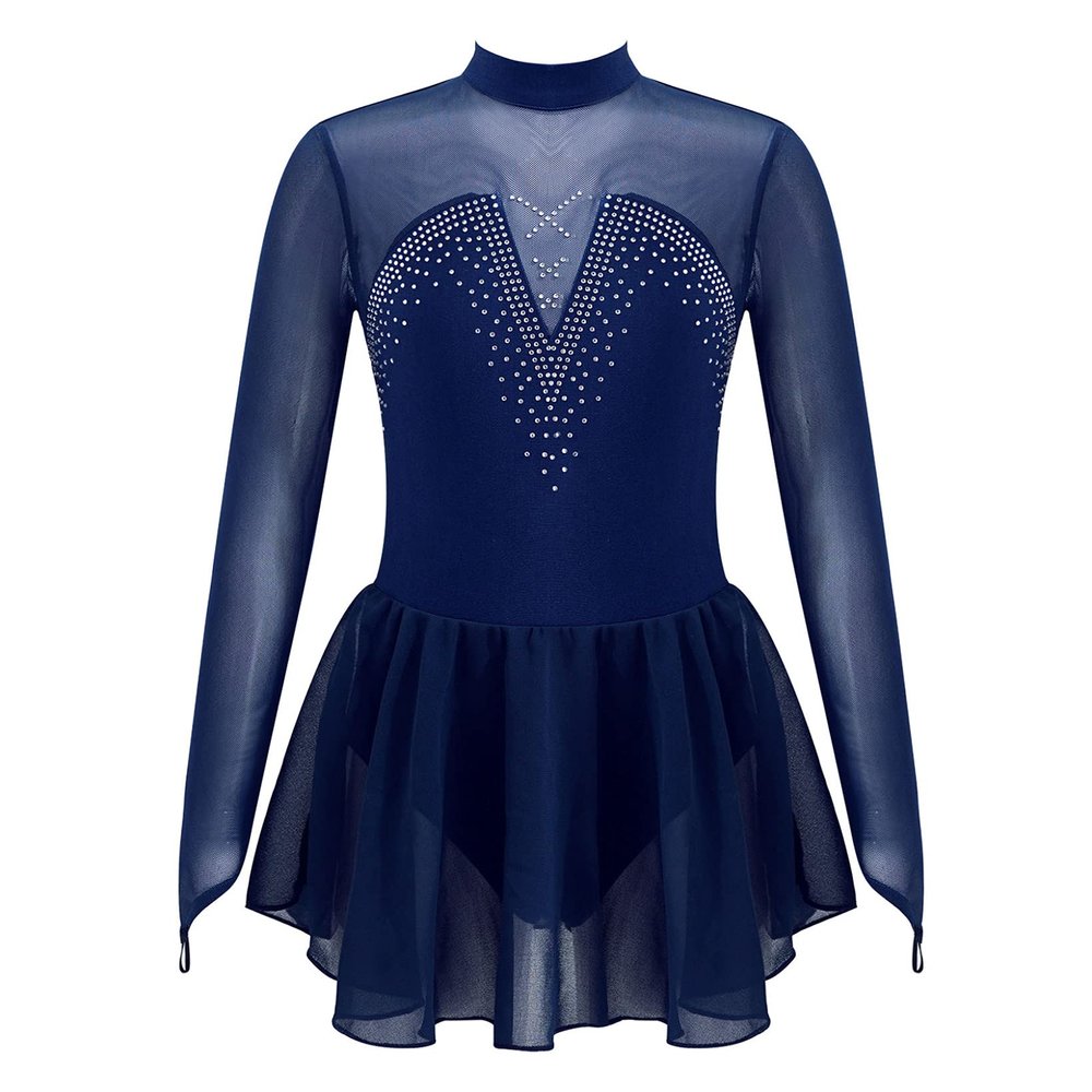 JanJean Kids Girls Figure Ice Skating Dress Long Sleeve Sparkly Rhinestone Mesh Splice Gymnastics Leotard Dress Dancewear Navy Blue 6 Years