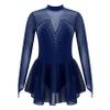 JanJean Kids Girls Figure Ice Skating Dress Long Sleeve Sparkly Rhinestone Mesh Splice Gymnastics Leotard Dress Dancewear Navy Blue 6 Years view 1