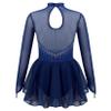 JanJean Kids Girls Figure Ice Skating Dress Long Sleeve Sparkly Rhinestone Mesh Splice Gymnastics Leotard Dress Dancewear Navy Blue 6 Years view 2