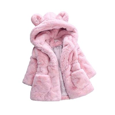 Familyhouse Kids Girls Coat Cartoon Faux Fur Long Sleeve Hooded Jackets Coat Outwear Cloak Hoodie Coat Warm Winter Clothes (Pink 1,120cm(5-6 Years))