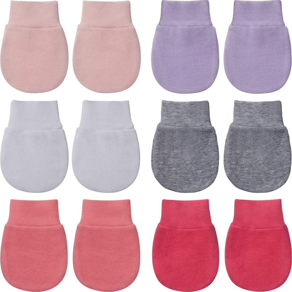 Geyoga 6 Pairs Newborn Baby Mittens No Scratch Gloves Infant Toddler Anti Scratch Essentials Unisex Cotton for 3-9 Months Girls Boys (Gray, White, Purple, Light Pink, Hot Pink, Rose Red, Solid)