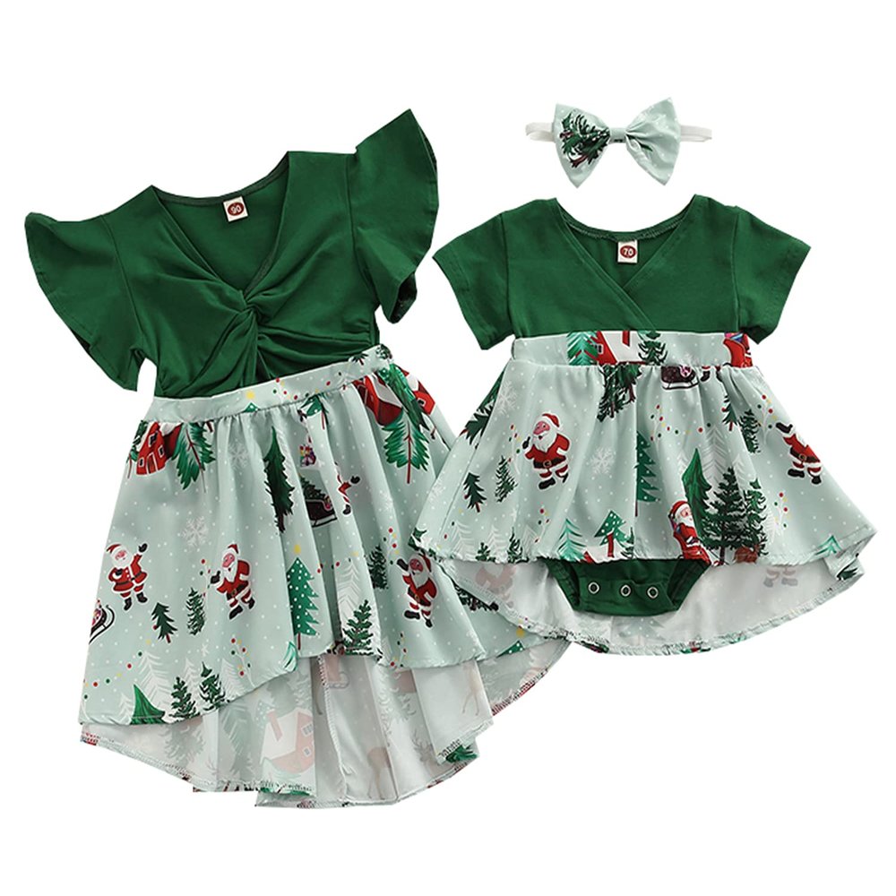 Andannby Little Sister Matching Christmas Dress Big Girl Green Santa Print Ruffle Playwear Holiday Dresses (Big Girl, 2-3 Years)