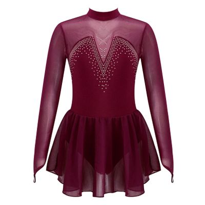 JanJean Kids Girls Figure Ice Skating Dress Long Sleeve Sparkly Rhinestone Mesh Splice Gymnastics Leotard Dress Dancewear Burgundy 10 Years