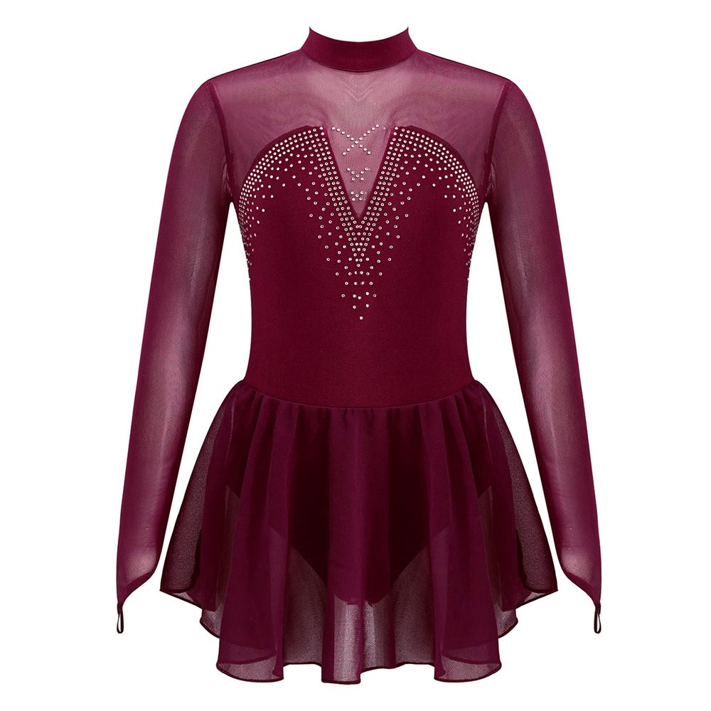 JanJean Kids Girls Figure Ice Skating Dress Long Sleeve Sparkly Rhinestone Mesh Splice Gymnastics Leotard Dress Dancewear Burgundy 10 Years