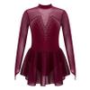 JanJean Kids Girls Figure Ice Skating Dress Long Sleeve Sparkly Rhinestone Mesh Splice Gymnastics Leotard Dress Dancewear Burgundy 10 Years view 1