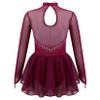 JanJean Kids Girls Figure Ice Skating Dress Long Sleeve Sparkly Rhinestone Mesh Splice Gymnastics Leotard Dress Dancewear Burgundy 10 Years view 3