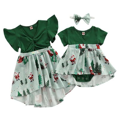 Andannby Little Sister Matching Christmas Dress Big Girl Green Santa Print Ruffle Playwear Holiday Dresses (Little Girl, 18-24 Months)