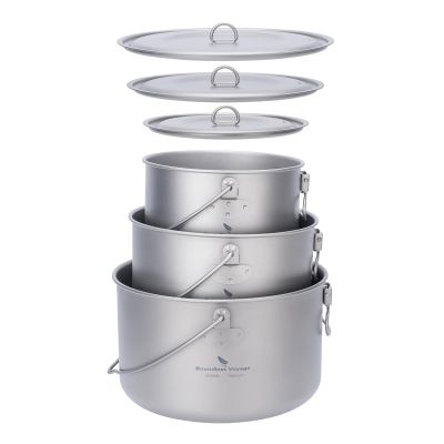 Boundless Voyage Titanium Hanging Pot for Outdoor Camping Backpacking Hiking Ultralight Portable Cooking Pot Camp Kitchen Cookware 1300ML/1950ML/2900ML (3 Pcs Set)