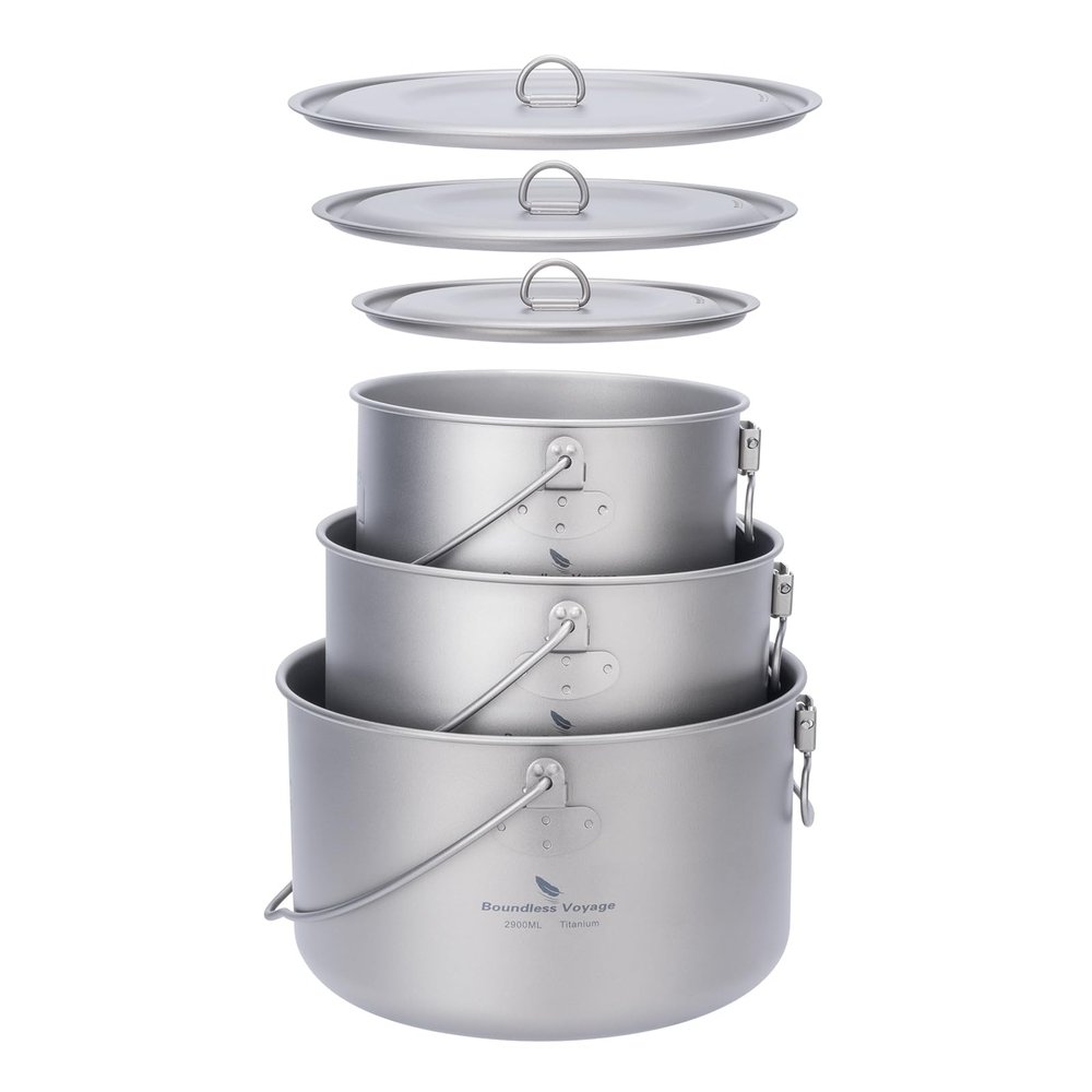 Boundless Voyage Titanium Hanging Pot for Outdoor Camping Backpacking Hiking Ultralight Portable Cooking Pot Camp Kitchen Cookware 1300ML/1950ML/2900ML (3 Pcs Set)