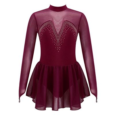 JanJean Kids Girls Figure Ice Skating Dress Long Sleeve Sparkly Rhinestone Mesh Splice Gymnastics Leotard Dress Dancewear Burgundy 8 Years