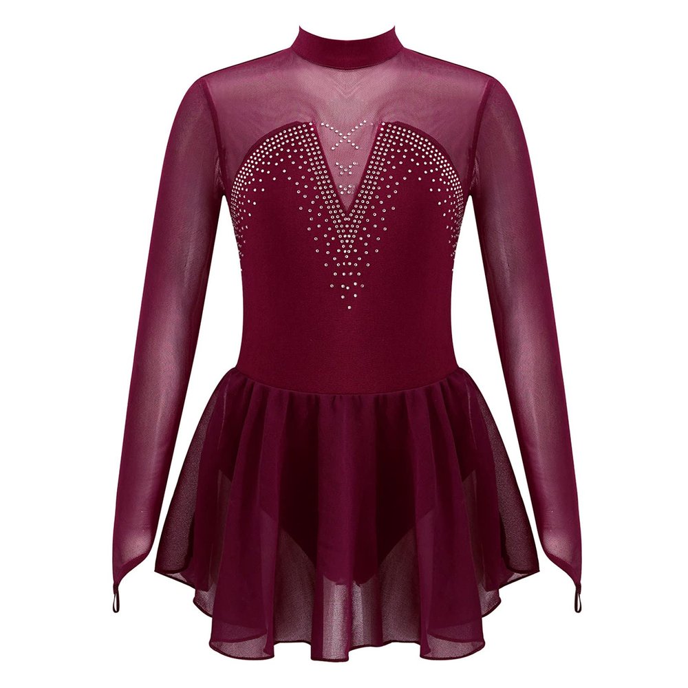 JanJean Kids Girls Figure Ice Skating Dress Long Sleeve Sparkly Rhinestone Mesh Splice Gymnastics Leotard Dress Dancewear Burgundy 8 Years