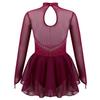 JanJean Kids Girls Figure Ice Skating Dress Long Sleeve Sparkly Rhinestone Mesh Splice Gymnastics Leotard Dress Dancewear Burgundy 8 Years view 3