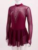JanJean Kids Girls Figure Ice Skating Dress Long Sleeve Sparkly Rhinestone Mesh Splice Gymnastics Leotard Dress Dancewear Burgundy 8 Years view 4