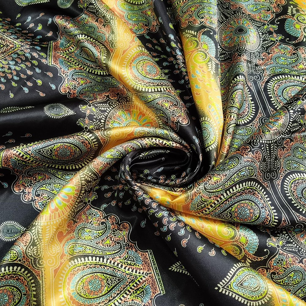 100cm*148cm Soft Dress Material Charmeuse Ethnic Paisley Patchwork Satin Fabric Printed (Yellow, 2 Meter)