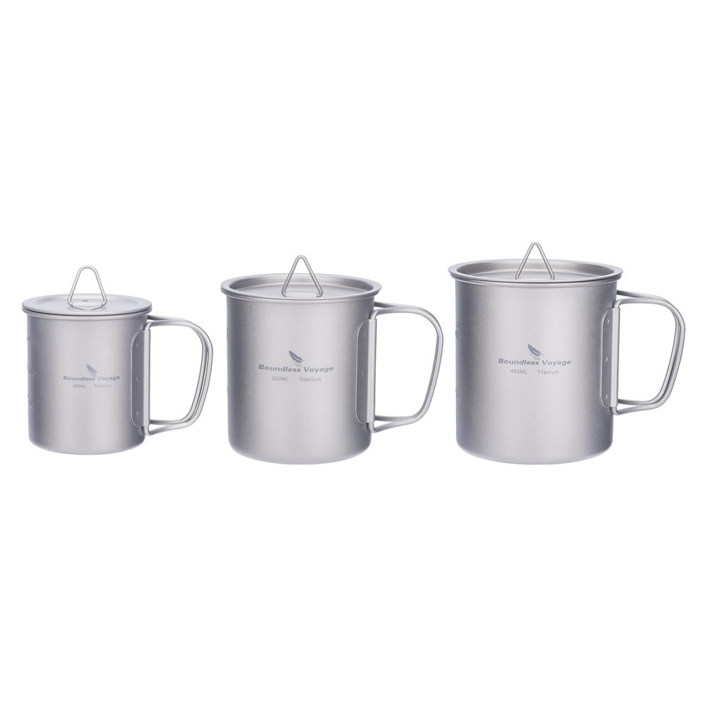 Boundless Voyage Titanium Cup with Lid Outdoor Camping Ultralight Water Tea Coffee Mug 200ML/300ML/450ML (3 Pcs (200+300+450ml))