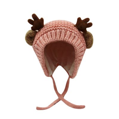 AIBEARTY Cute Deer Elk Antlers Baby Hat Winter Warm Plush Knitted Ear Warmer Bonnet Boys Girls Cap Beanie with Chin Strap Pink