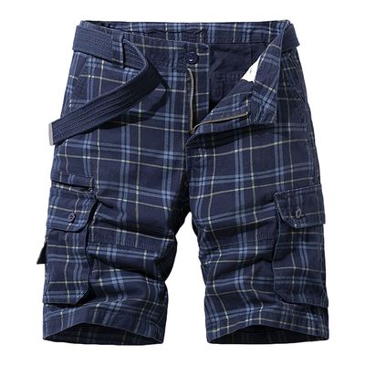 Casual Cargo Plaid Shorts for Men Print Twill Cotton Tactical Work Shorts Stretch Comfor t Summer Outdoor Shorts (Navy Blue,30)