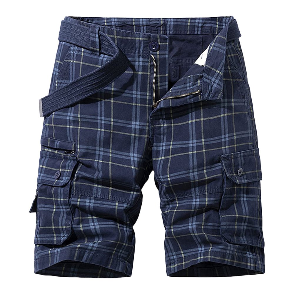 Casual Cargo Plaid Shorts for Men Print Twill Cotton Tactical Work Shorts Stretch Comfor t Summer Outdoor Shorts (Navy Blue,30)