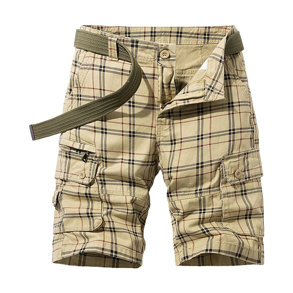 Casual Cargo Plaid Shorts for Men Print Twill Cotton Tactical Work Shorts Stretch Comfor t Summer Outdoor Shorts (Khaki,31)
