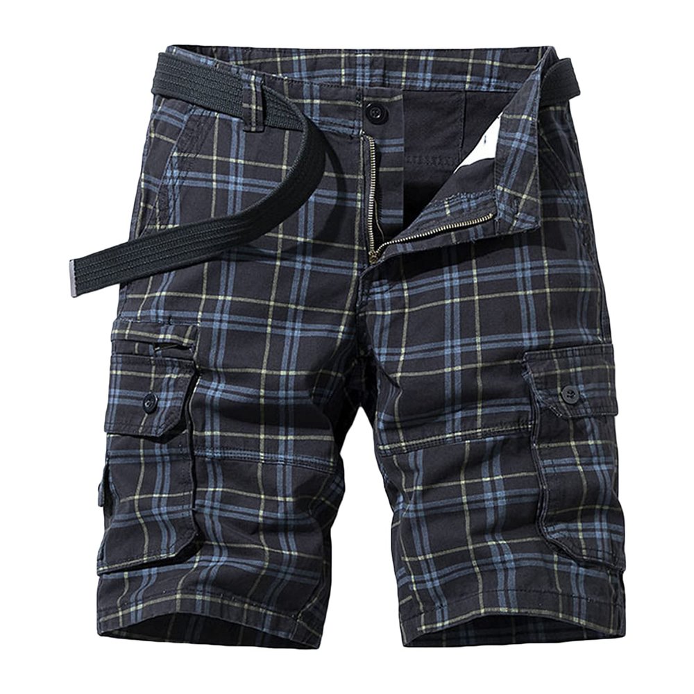 Casual Cargo Plaid Shorts for Men Print Twill Cotton Tactical Work Shorts Stretch Comfor t Summer Outdoor Shorts (Black,34)
