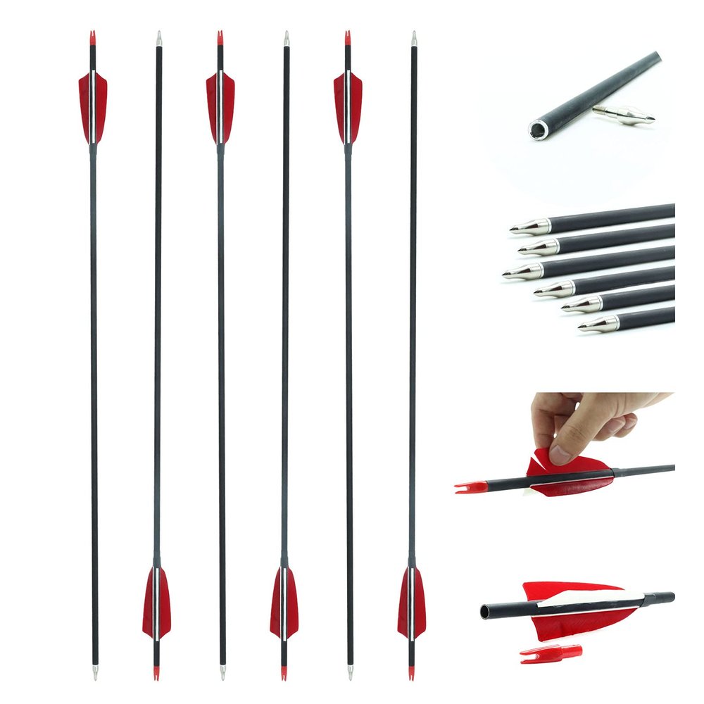 6Pcs/12Pcs Archery 30Inch Carbon Training Hunting Arrows Archery Target Practice Real Feather Nock Tail Removable Nock & Tips Points Carbon Arrow for Recurve Long Bows and Compound Bow (6pcs)