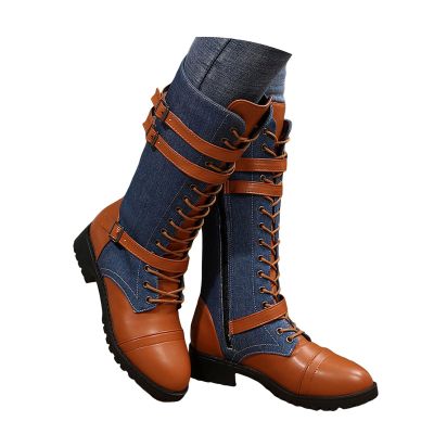 Hbeylia Vintage Mid Calf Combat Boots For Women Flower Design Ethnic Goth Leather Lace Up Steel Toe Chunky Low Heels Western Cowboy Cowgirls Boots Mid-Century Knight Riding Tall Dress Boots For Ladies