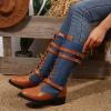 Hbeylia Vintage Mid Calf Combat Boots For Women Flower Design Ethnic Goth Leather Lace Up Steel Toe Chunky Low Heels Western Cowboy Cowgirls Boots Mid-Century Knight Riding Tall Dress Boots For Ladies view 2