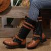 Hbeylia Vintage Mid Calf Combat Boots For Women Flower Design Ethnic Goth Leather Lace Up Steel Toe Chunky Low Heels Western Cowboy Cowgirls Boots Mid-Century Knight Riding Tall Dress Boots For Ladies view 4