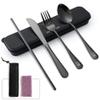 Boulder Bee | Travel Utensils Set | Reusable Camping Cutlery Set | Stainless Steel Flatware Set | Portable Silverware Set with Case | Includes Knife/Fork/Spoon/Straw/Cleaning Cloth/Case (Black) view 1