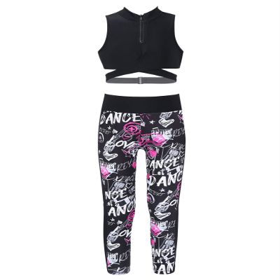 Yihuimin 2Pcs Kids Girls Stand Collar Sportswear Cross Straps Tank Top Printed Pants Set for Training Jogging Black Rose Red 6 Years